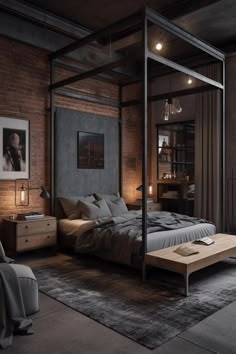 a bedroom with brick walls and an iron frame canopy bed in the middle, surrounded by furniture