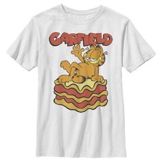 an image of garfield cat on top of a cake t - shirt that says garfield