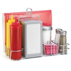 an organized kitchen shelf with spices, condiments and other items in it on a white background