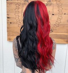 Black And Red Split Dye, Red And Black Split Dye, Black And Red Hair, Short Hair Accessories, Split Dye, Full Lace Wig Human Hair, Split Dyed Hair, Dyed Hair Inspiration, Split Hair