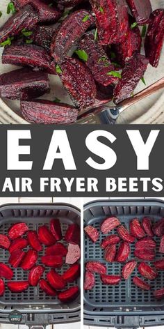 beets being cooked in an air fryer with text overlay that reads easy air fry