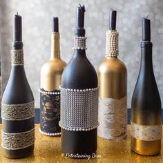 How To Decorate Wine Bottles For  Centerpieces | Great Gatsby Party Gatsby Prom Theme, Speakeasy Aesthetic, Diy Citronella, Gatsby Party Decorations, Speakeasy Party