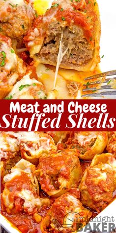 meat and cheese stuffed shells in a white casserole dish with text overlay