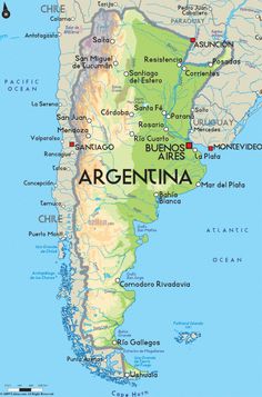 a map of argentina with the capital and major cities on it's borders, rivers and lakes