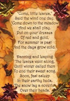 a card with an autumn poem written in the center and leaves around it, on top of