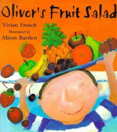 an image of a child holding a plate with fruit on it's head and the words, silver's fruit salad