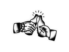 two hands holding each other with one pointing at the other and giving thumbs up in black and white