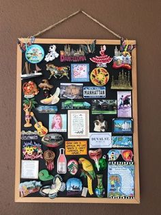 a bulletin board covered in pictures and magnets