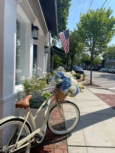 a bicycle parked on the side of a street next to a flower pot filled with flowers