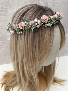 A beautiful rustic flower crown, created using baby pink paper roses which are 1-2 cm wide and faux foliage, finished with satin ribbon in either white or pink. Ideal for your flower girls, bridesmaids or even the bride herself!  Perfect for weddings or occasions, or even festivals!  The size of the crown is 50 cm in length, if you require a smaller or larger crown, please pop me a message, please note that the flower crown is fully adjustable using the ribbon, and will fit toddlers to adults. Pink Wedding Hair Accessories, Flower Wedding Crown, Small Paper Flowers, Floral Headband Wedding, Flower Headband Wedding, Pink Flower Crown, Wedding Hair Wreath, Flower Girl Crown, Girls Crown