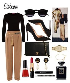 a woman's outfit and accessories including shoes, sunglasses, lipstick, bracelets