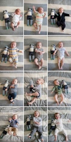 nine pictures of babies laying on top of each other with stuffed animals in their arms