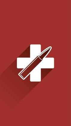 a red cross with a pen in the middle and a white medical symbol on it