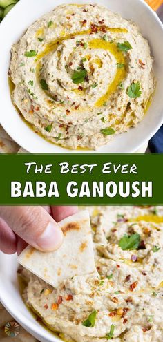 the best ever baba ganoush dip recipe with pita chips in a white bowl