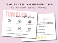 the tumbler care instructions card is shown in pink and white with gold stars