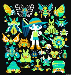 an image of cartoon characters with different colors and shapes on black background, all in various sizes