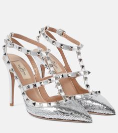 Rockstud 100 Sequined Pumps in Silver - Valentino Garavani | Mytheresa Valentino Rockstud Pumps, Valentino Heels, Heels Silver, Gray Trim, Valentino Garavani Shoes, Heart Shoes, Silver Pumps, Embellished Sandals, Valentino Rockstud