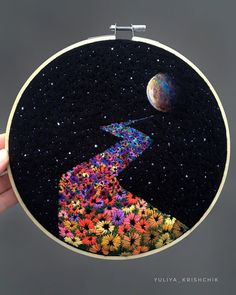 Artist Yuliya Krishchik Creates Embroidered Art Inspired By Surreal Space Landscapes Friend Soulmate, Space Embroidery, Painting Space, Space Sky, Planet Painting, Cosmos Art, Road Art, Clothes Embroidery Diy, Abstract Embroidery