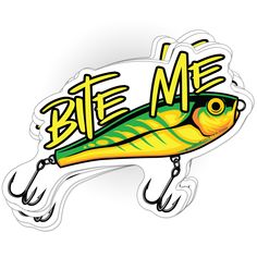 a sticker that says bite me with a fish in the center and chinese characters on it