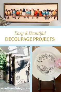 easy and beautiful decoupage projects with birds on the plate, bookends and vase