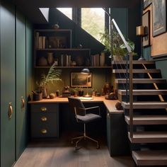 a home office with stairs leading up to the second floor