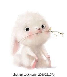 a white bunny holding a flower in it's mouth