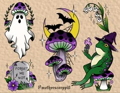 an image of halloween decorations with monsters and mushrooms on them, including a frog holding a flower