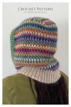 a woman wearing a crochet hat with multicolored stripes