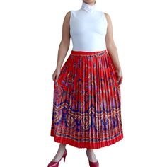 ○ This stunning red paisley floral pleated accordion midi skirt is a must-have for adding a pop of color and pattern to your wardrobe. Add this piece to your collection and stand out in style! ○ No brand or material label, probably polyester, no lining ○ Size on the label: Small ○ Elastic waist, pleated all the way around, no lining ○ Measurements (taken flat) waist: 14.5" flat - 19" stretched total length: 30" ○ Excellent pre-loved condition. No visible flaws. Please look at the pictures since they are considered part of the description. All sales are final. No returns or exchanges. Red Paisley, Paisley Floral, No Brand, American Vintage, The Label, Womens Bottoms, Vintage Ladies, Midi Skirt, Color Pop