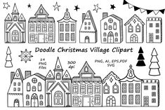 the doodle christmas village clipart is shown in black and white, with stars above it