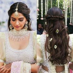 two pictures of the same woman with different hairstyles, one is wearing a bridal