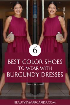 Not sure what color shoes to wear with a burgundy dress? Check out our guide to find the perfect shoes to complement your burgundy dress or maroon dress, whether for a wedding or a laid-back party! Burgundy Bridesmaid Dresses Shoes, Shoes For Burgundy Dress Bridesmaid, Berry Dress Outfit, Jewelry For Wine Colored Dress, Burgundy Dress Accessories Shoes, Wine Colored Dress Outfit, Burgundy Dress With Gold Accessories, Heels For Burgundy Dress, Wine Colored Dress Formal