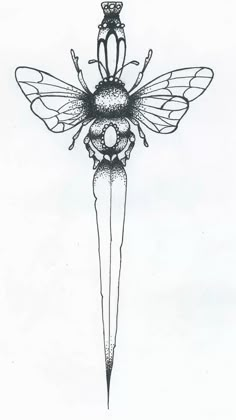 a black and white drawing of a bug on top of a long knife with an insect attached to it's body