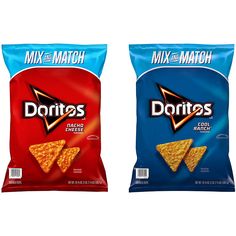 two bags of doritos are shown side by side on a white background, one is blue and the other is red