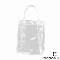 a clear plastic bag with handles on the front and bottom, is shown against a white background