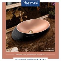 an advertisement for a bathroom sink that is black and gold