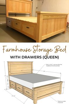 an image of a bed with drawers in the bottom and bottom side, labeled farmhouse storage bed with drawers queen