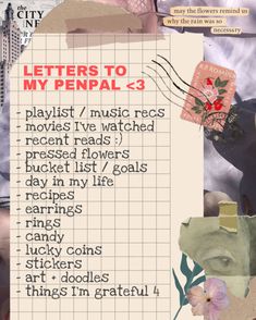 a piece of paper with words written on it and pictures in the background that say, letters to my pencil k - 3 playlist / music recs movies i've watched present