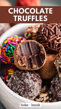 chocolate truffles in a white bowl with colorful sprinkles on top