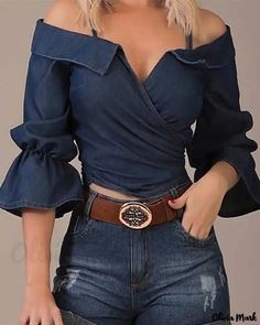 TOPS – Olivia Mark Denim Shorts Outfit, Denim On Denim, Flared Sleeves Top, Shirt Diy, Outfit Jeans, Half Skirt, Blouse Material, Womens Tops Summer, Spring Tops