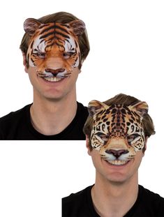 two men with their faces painted to look like tigers and tiger heads are shown in three different angles