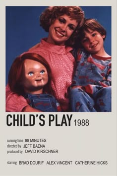 an advertisement for child's play with two children and one doll in the background