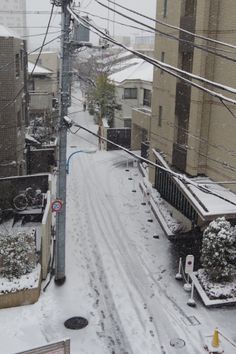 an empty street with snow on the ground and power lines in the air above it