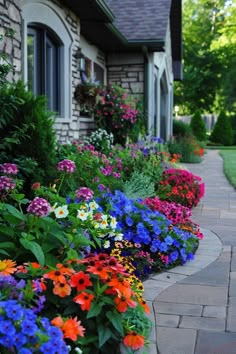 colorful flowers line the side of a house