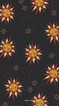 an image of sun and stars on a black background with red, yellow and white colors