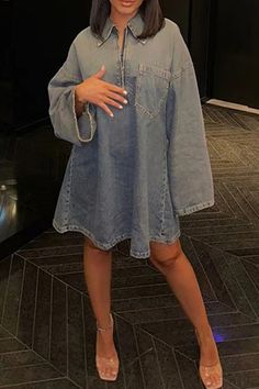 Details: Material: Denim Style: Street Element: Pocket, Patchwork, Zipper Neckline: Turndown Collar Sleeve Style: Flare Sleeve Sleeve Length: Long Sleeve Suit Type: Dress Fit Type: Loose Clothing Length: Long Closed Type: Zippered Type: Patchwork Size(in) Bust M 33.9-35.4 L 35.8-37.4 XL 38.2-39.8 2XL 40.2-41.7 Tips:Due to the many variations in monitors, the color in the image could look slightly different, please take physical design and color shall prevail.Please allow 0.4"-1" differs due to m Loose Denim Dress, Suit Type, Denim Street Style, Long Sleeve Suit, Loose Clothing, Denim Dresses, Fall Winter Dresses, Denim Style, Denim Mini Dress