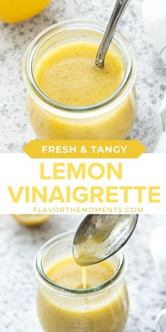 lemon vinaigrette in small jars with a spoon