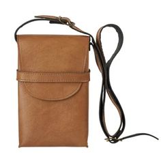 a brown leather phone case with a lanyard on the side and a black strap