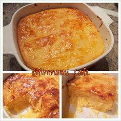 four different pictures of food in a casserole dish, including cheese and bread