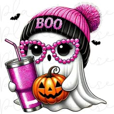 a skull wearing glasses and holding a drink in front of a white background with the words boo on it